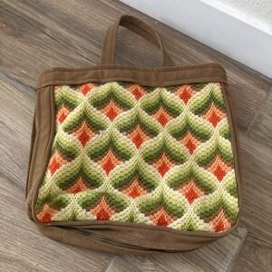 Vintage 70's Hand Crafted Sewing Bag/Tote Embroidered Tan 16" X 13"